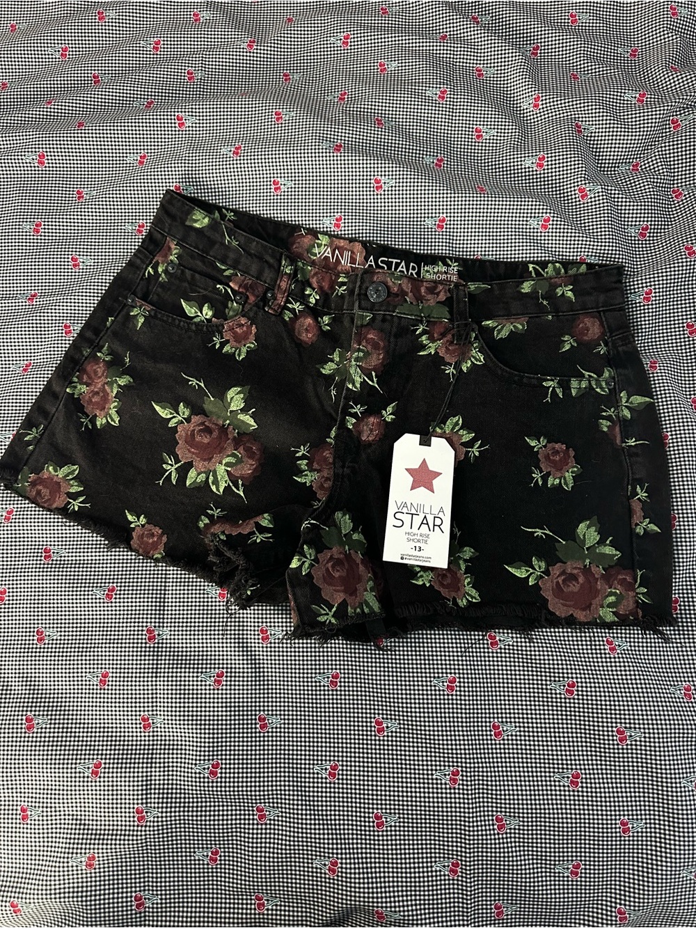 Vanilla Star Black Denim Shorts with Rose Print